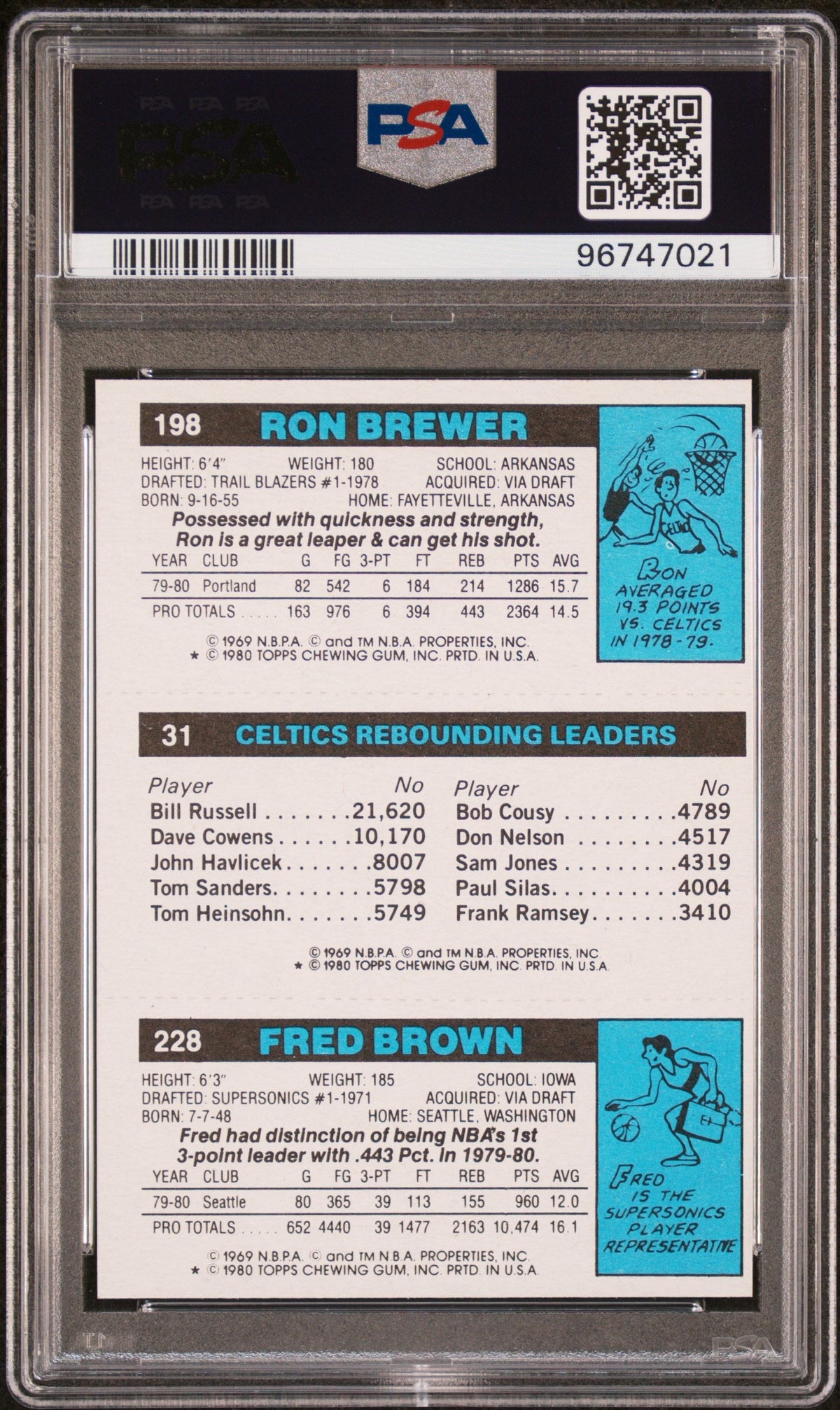 1980-81 Topps #31 / 198 / 228 Fred Brown / Larry Bird / Ron Brewer PSA 9(OC)