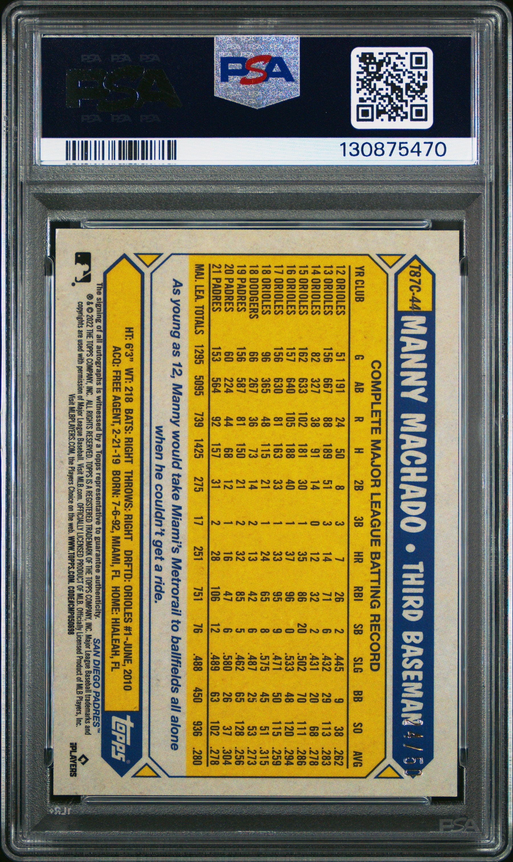 2022 Topps Chrome Silver #T87C-44 Manny Machado 35th Anniversary Auto /50 PSA 9