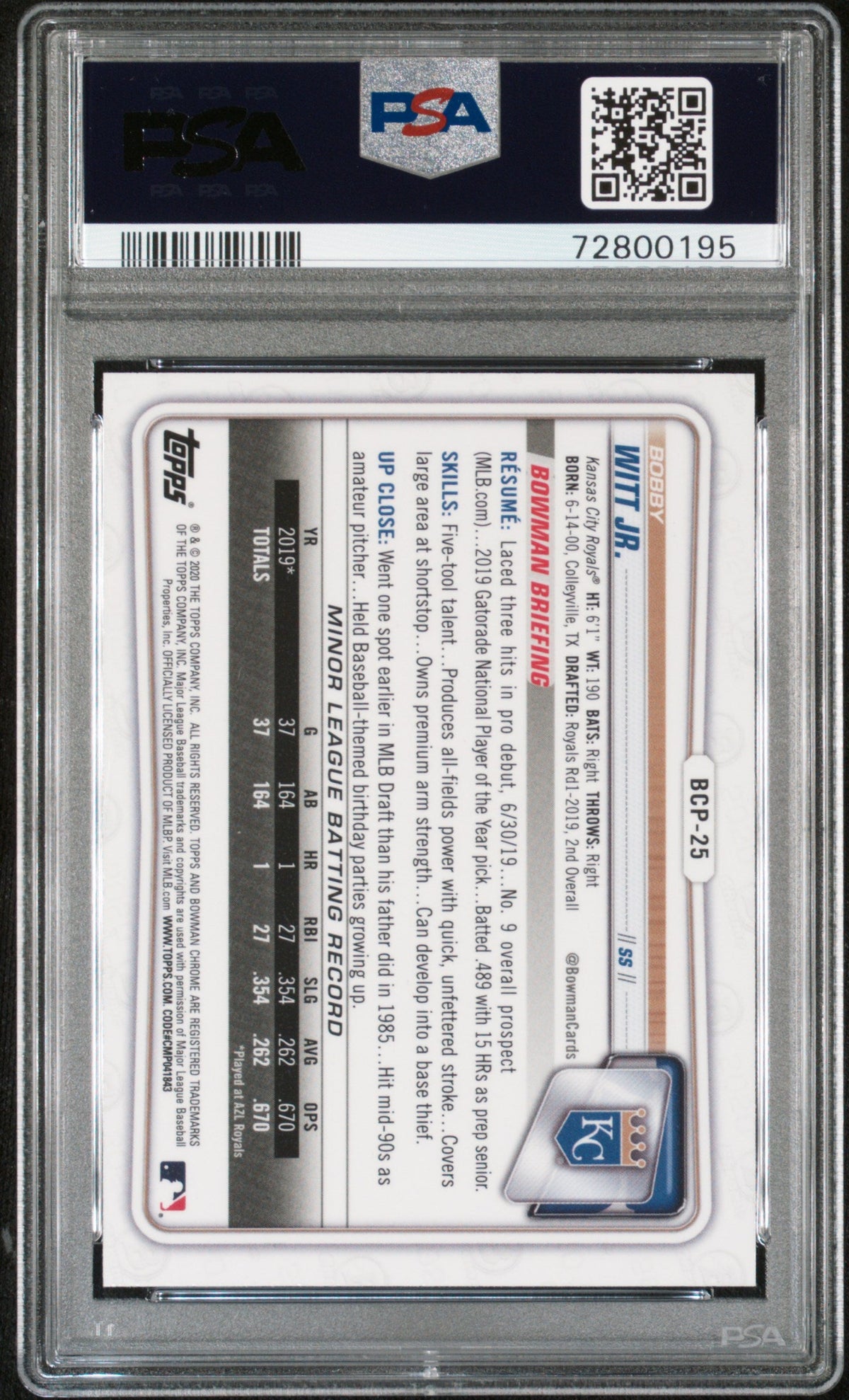 2020 Bowman Sapphire #BCP-25 Bobby Witt Jr. 1st PSA 9 (195)