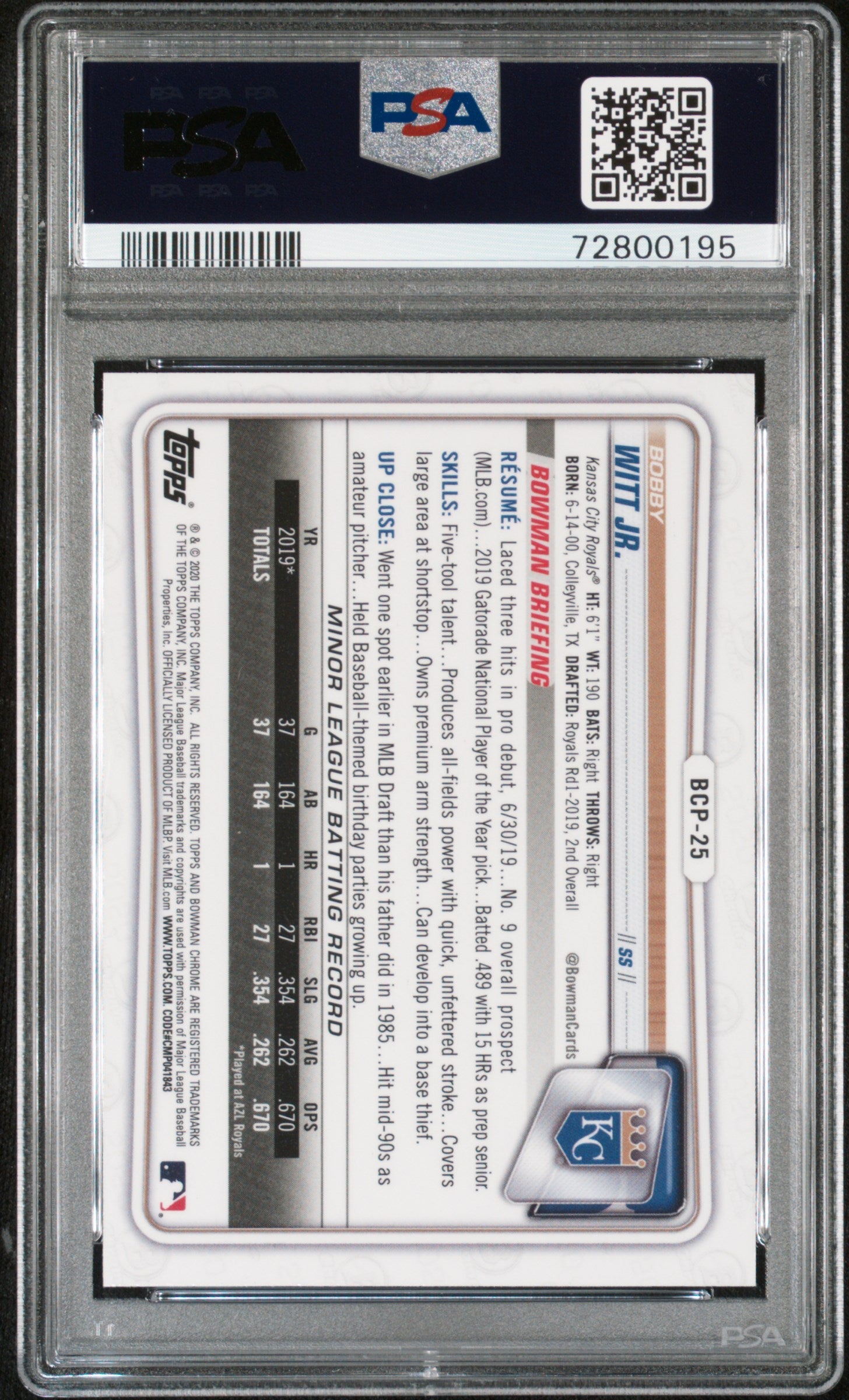 2020 Bowman Sapphire #BCP-25 Bobby Witt Jr. 1st PSA 9 (195)