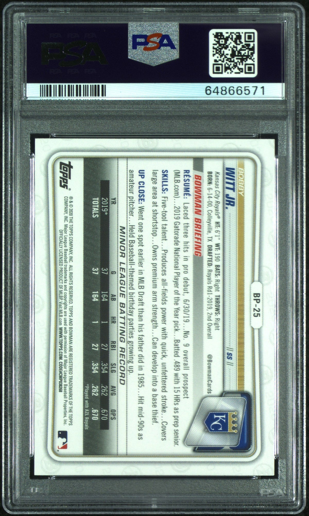 2020 Bowman #BP-25 Bobby Witt Jr. 1st Prospects Purple /250 PSA 9