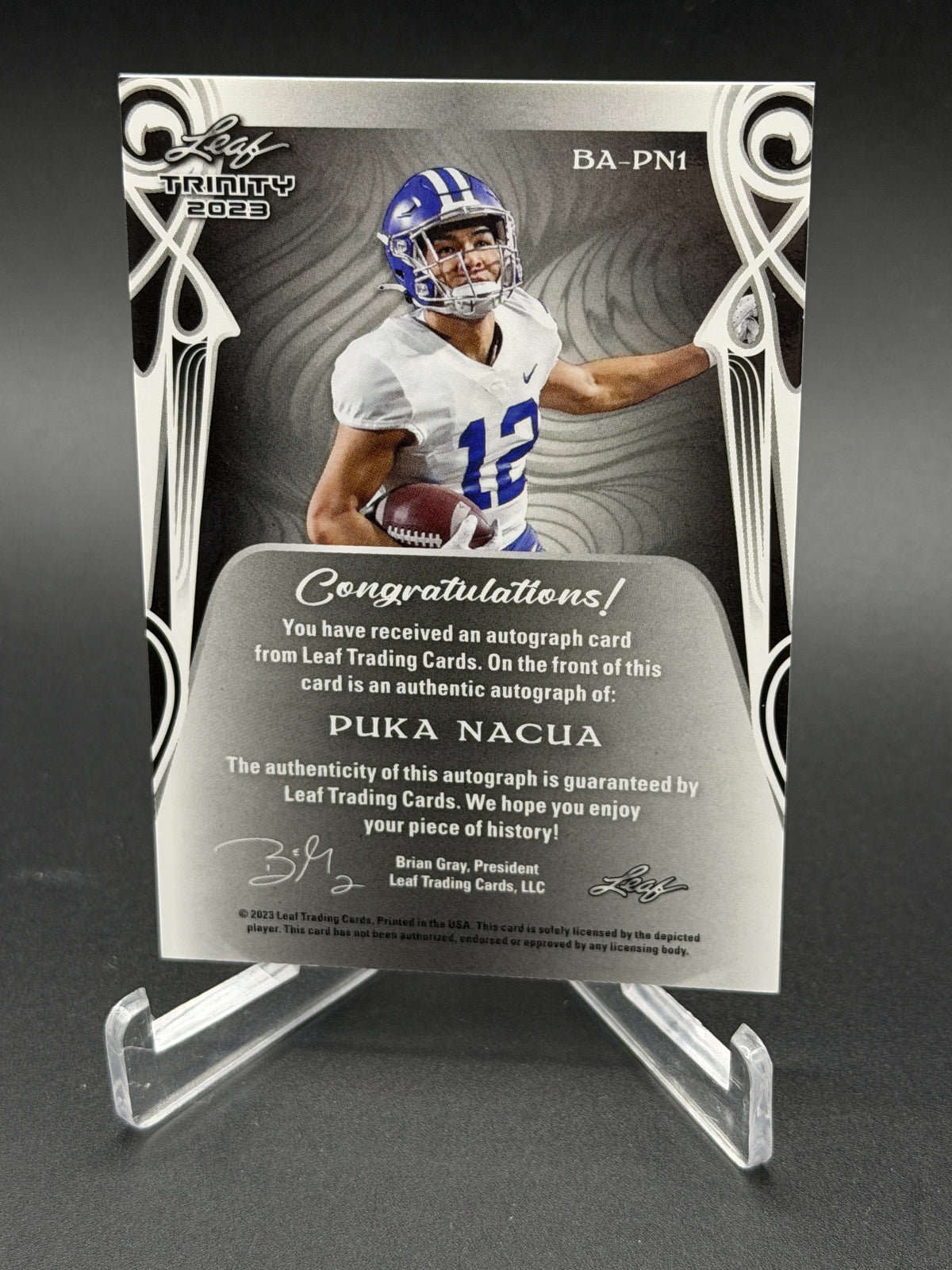 2023 Leaf Trinity #BA-PN1 Puka Nacua Rookie Auto Platinum Spectrum #/25