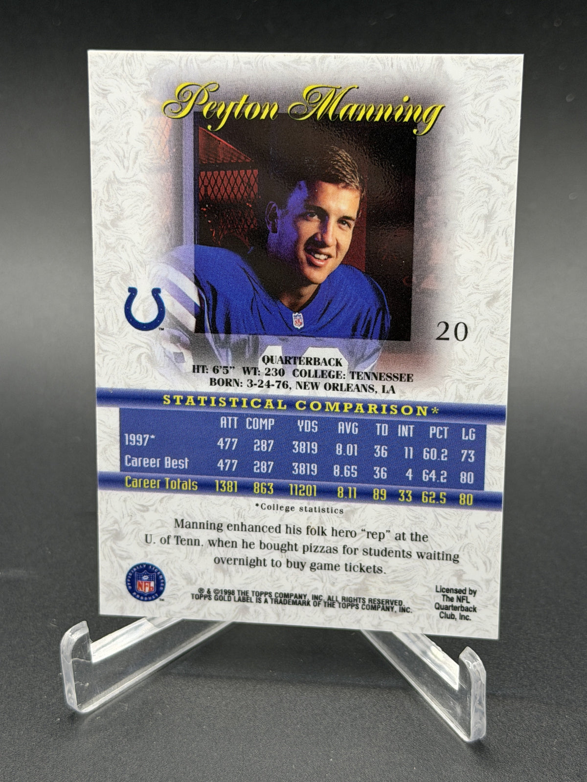 1998 Topps Gold Label #20 Peyton Manning Rookie Class 1