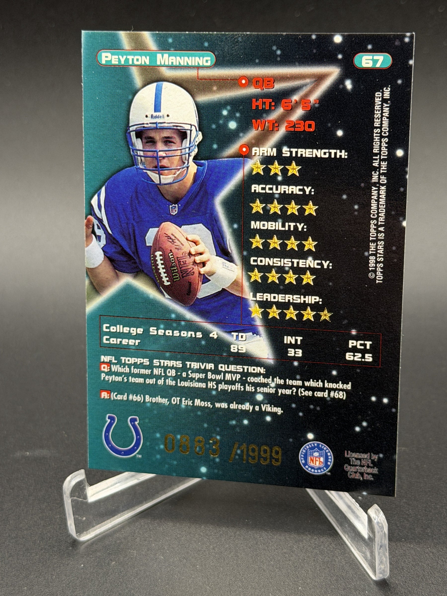 1998 Topps Stars #67 Peyton Manning Rookie RC Gold Star #/1999
