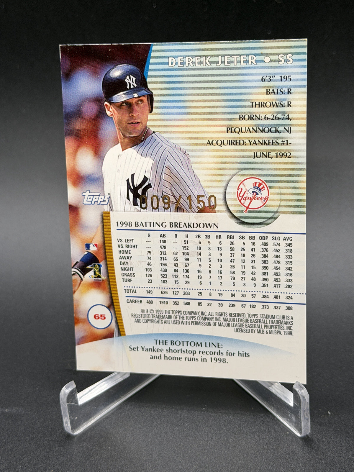 1999 Stadium Club #65 Derek Jeter One of a Kind #/150