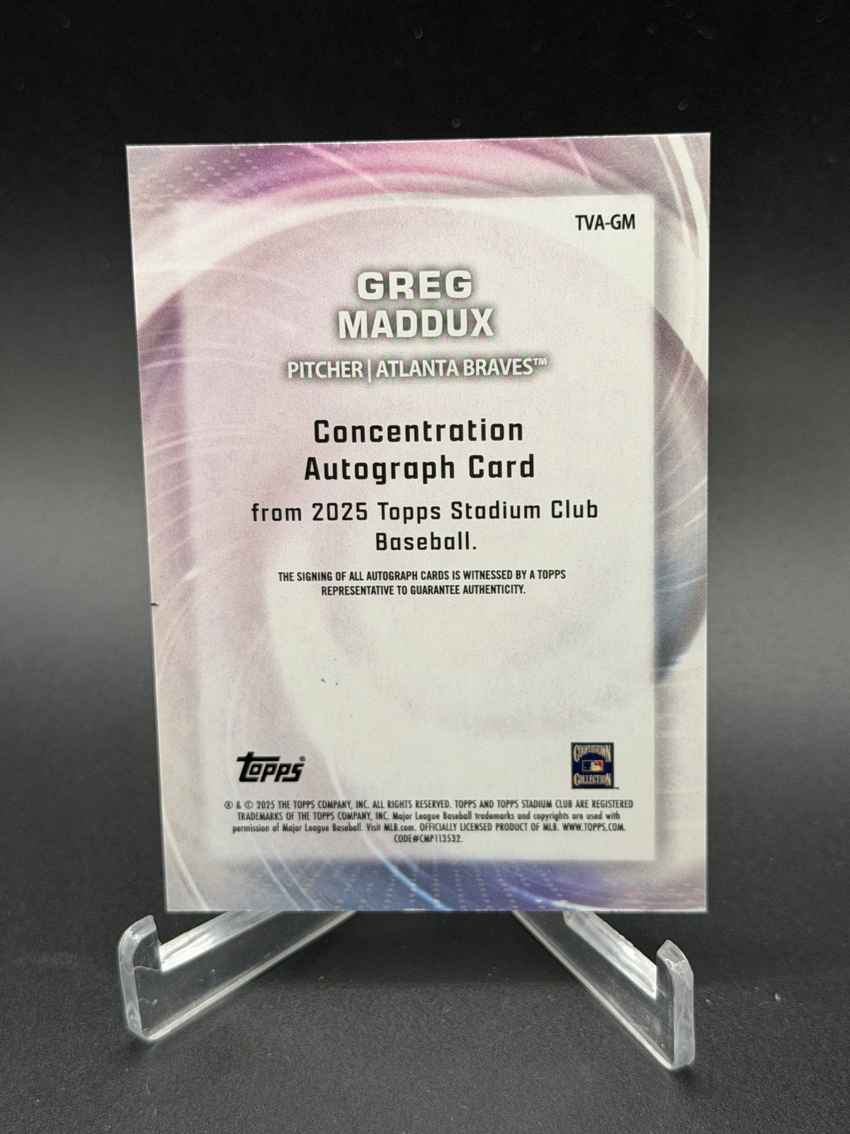 2025 Stadium Club #TVA-GM Greg Maddux Concentration Auto Purple Foil #/10