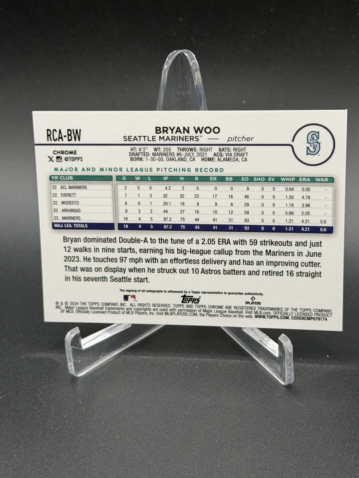 2024 Topps Chrome Logofractor #RCA-BW Bryan Woo RC Refractor Auto