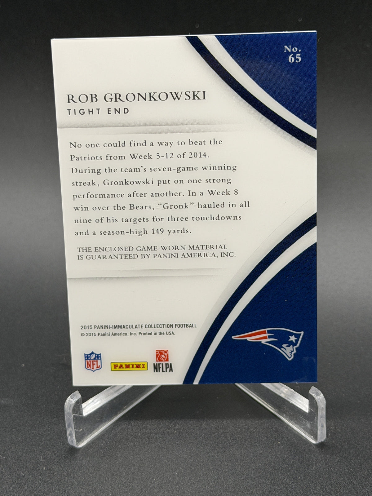 2015 Immaculate #65 Rob Gronkowski Numbers Game Worn Memorabilia #/87