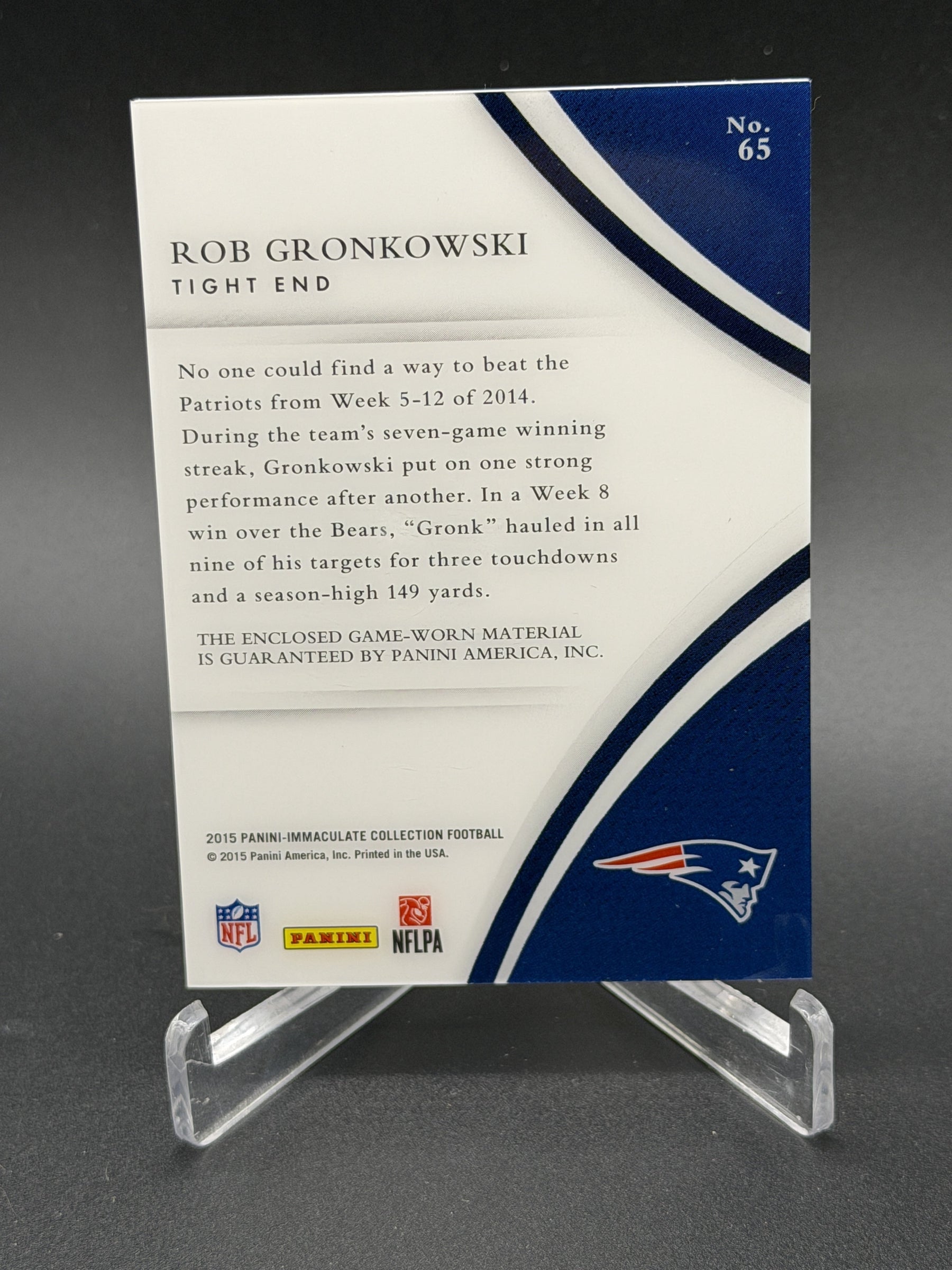 2015 Immaculate #65 Rob Gronkowski Numbers Game Worn Memorabilia #/87