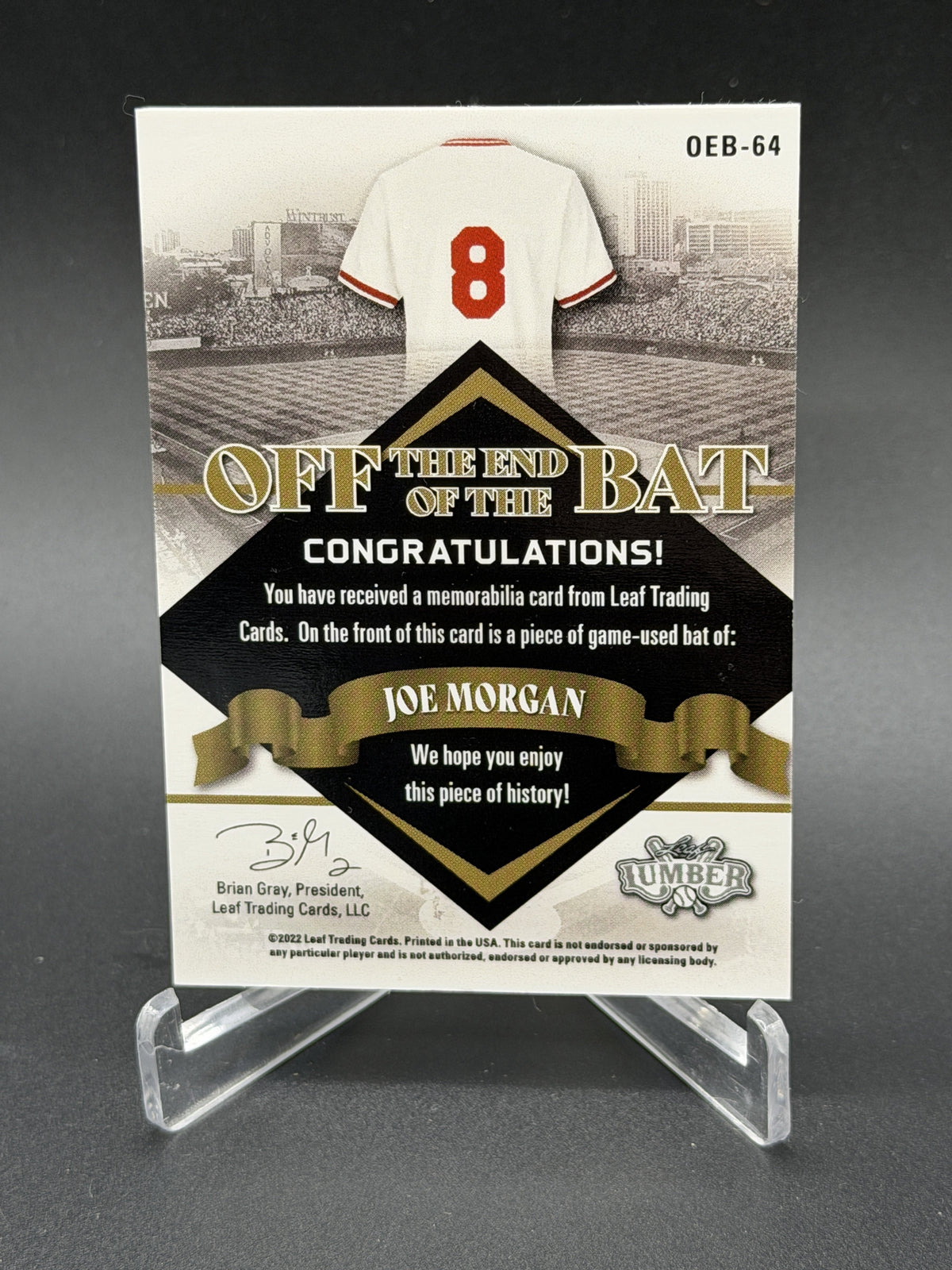 2022 Leaf Lumber Off The End Of The Bat Gold #OEB-64 Joe Morgan PSA 1/1