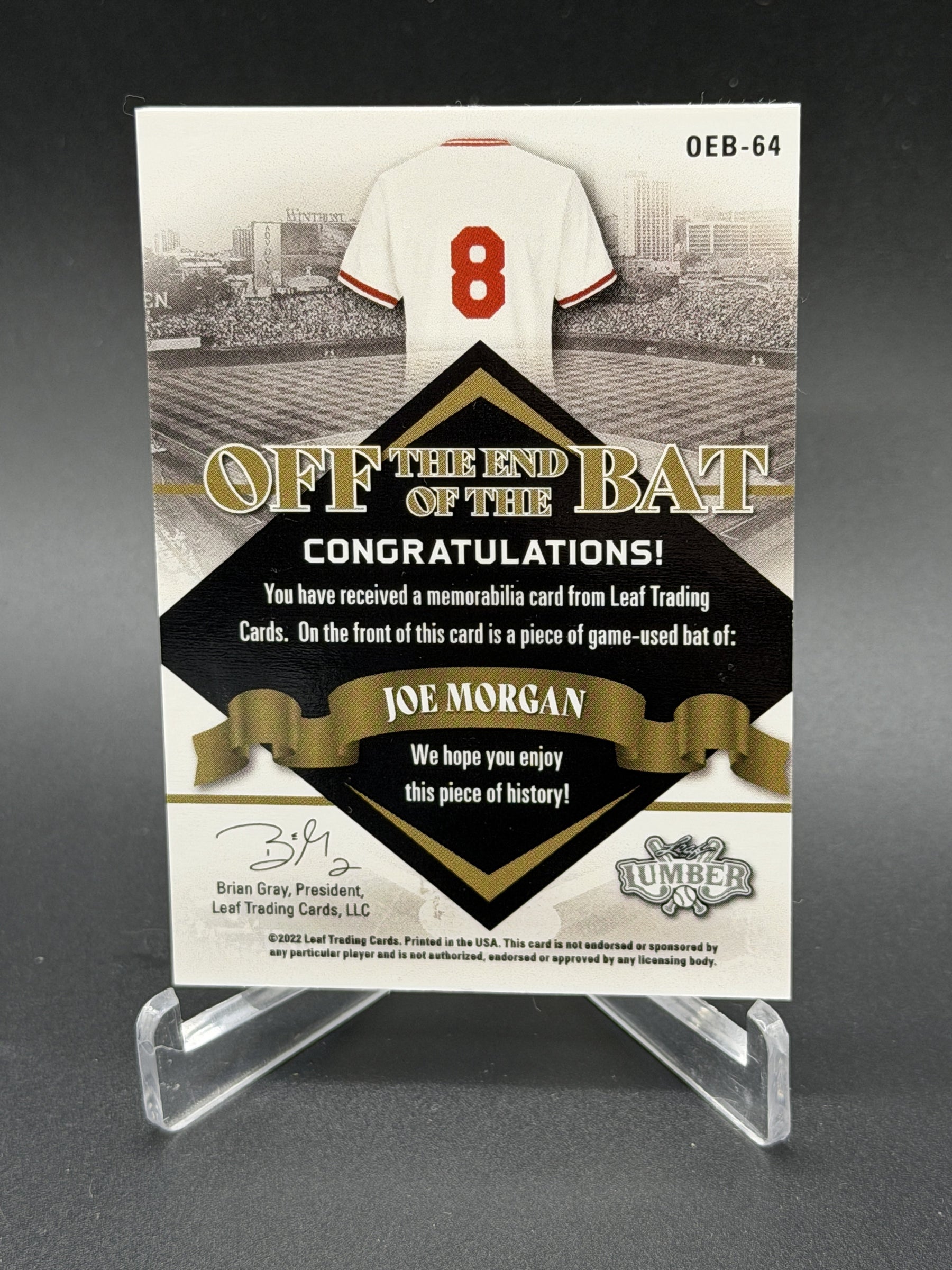 2022 Leaf Lumber Off The End Of The Bat Gold #OEB-64 Joe Morgan PSA 1/1