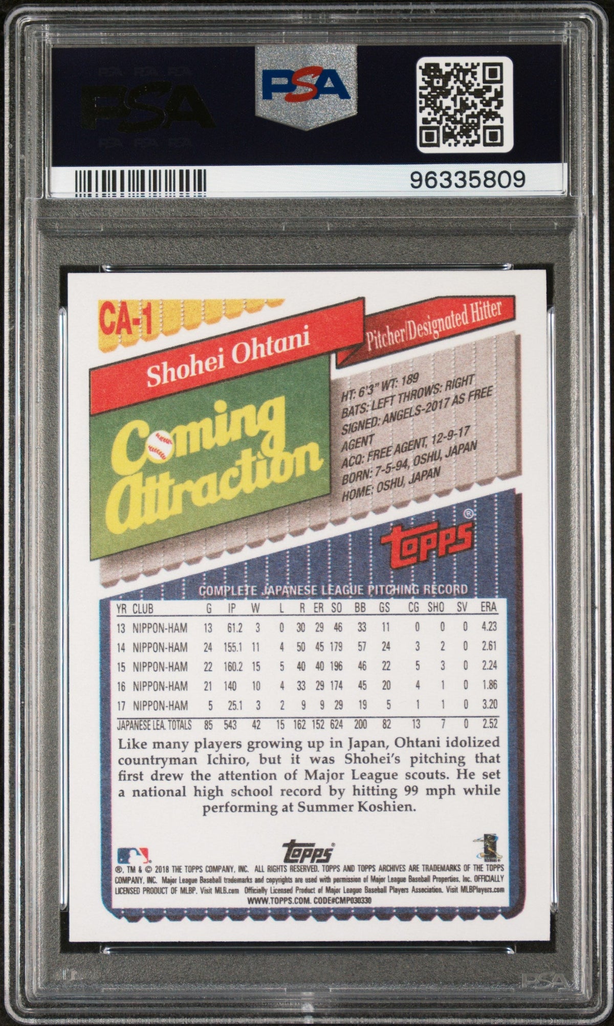 2018 Topps Archives 1993 Coming Attraction #CA1 Shohei Ohtani Rookie RC PSA 10