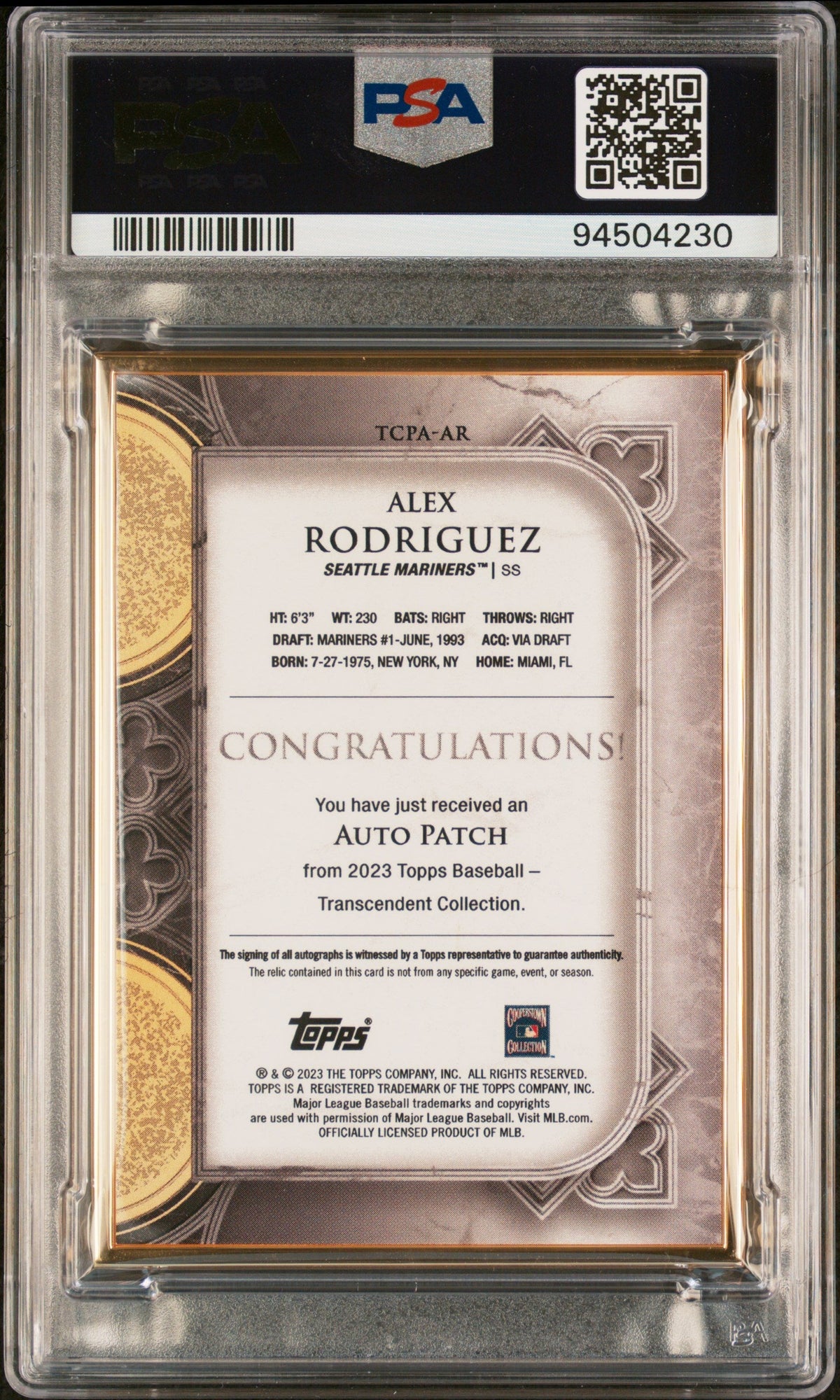 2023 Topps Transcendent Collection #TCPA-AR Alex Rodriguez Patch Auto /15 PSA 9