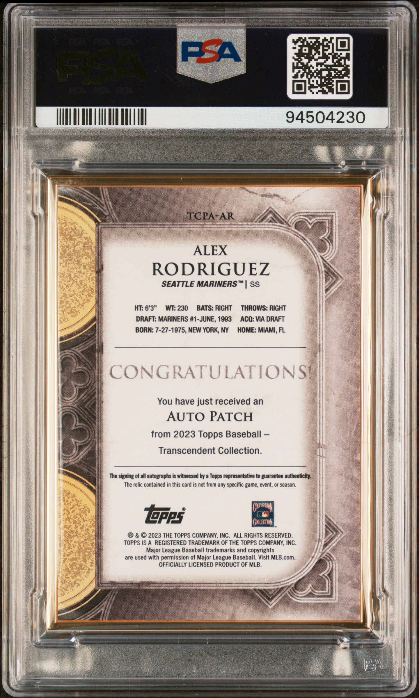 2023 Topps Transcendent Collection #TCPA-AR Alex Rodriguez Patch Auto /15 PSA 9