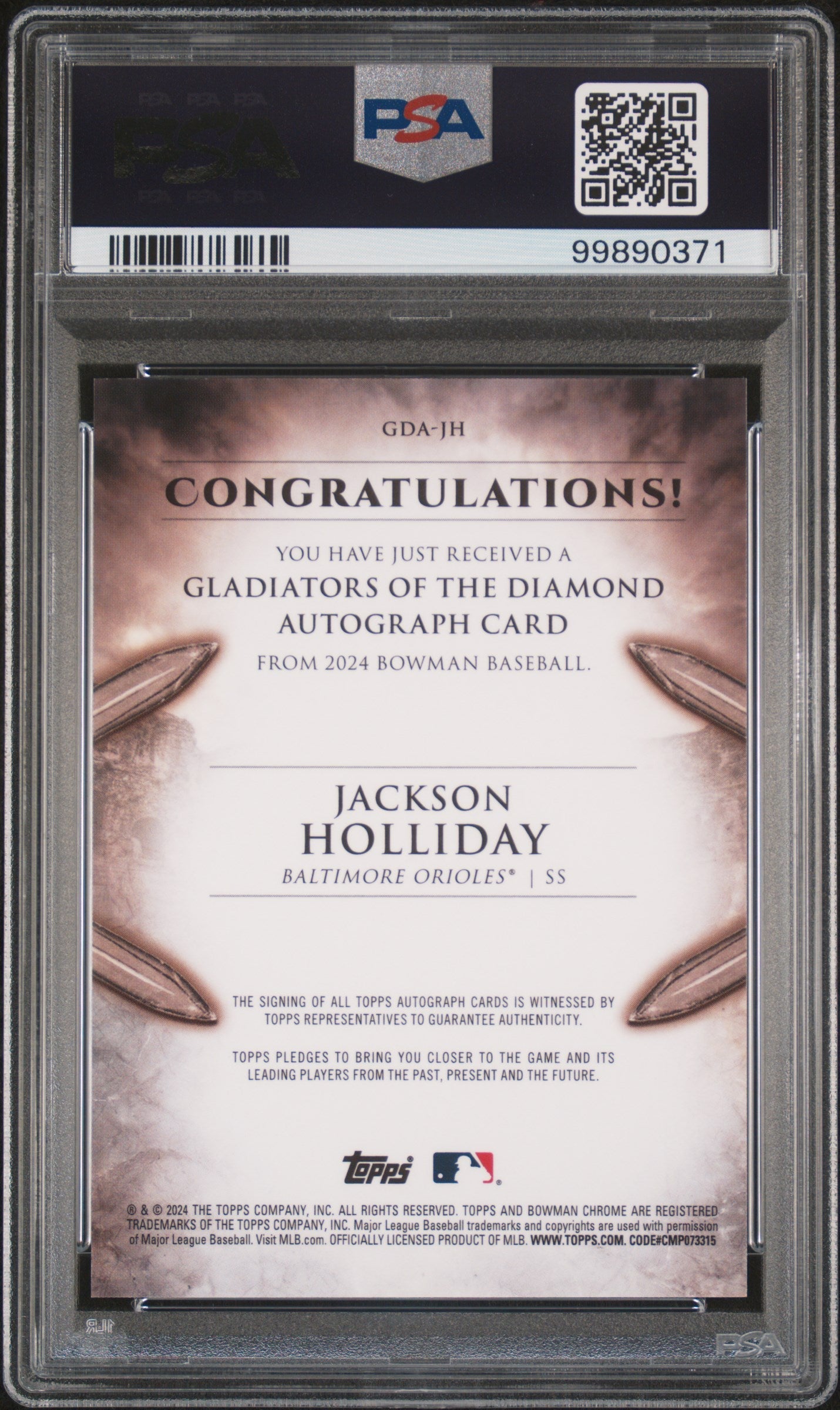 2024 Bowman Jackson Holliday RC Gladiators Diamond Auto Gold Refractor /50 PSA 9