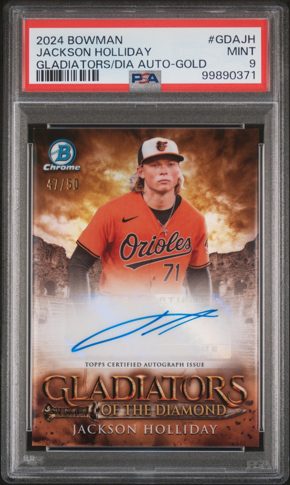 2024 Bowman Jackson Holliday RC Gladiators Diamond Auto Gold Refractor /50 PSA 9