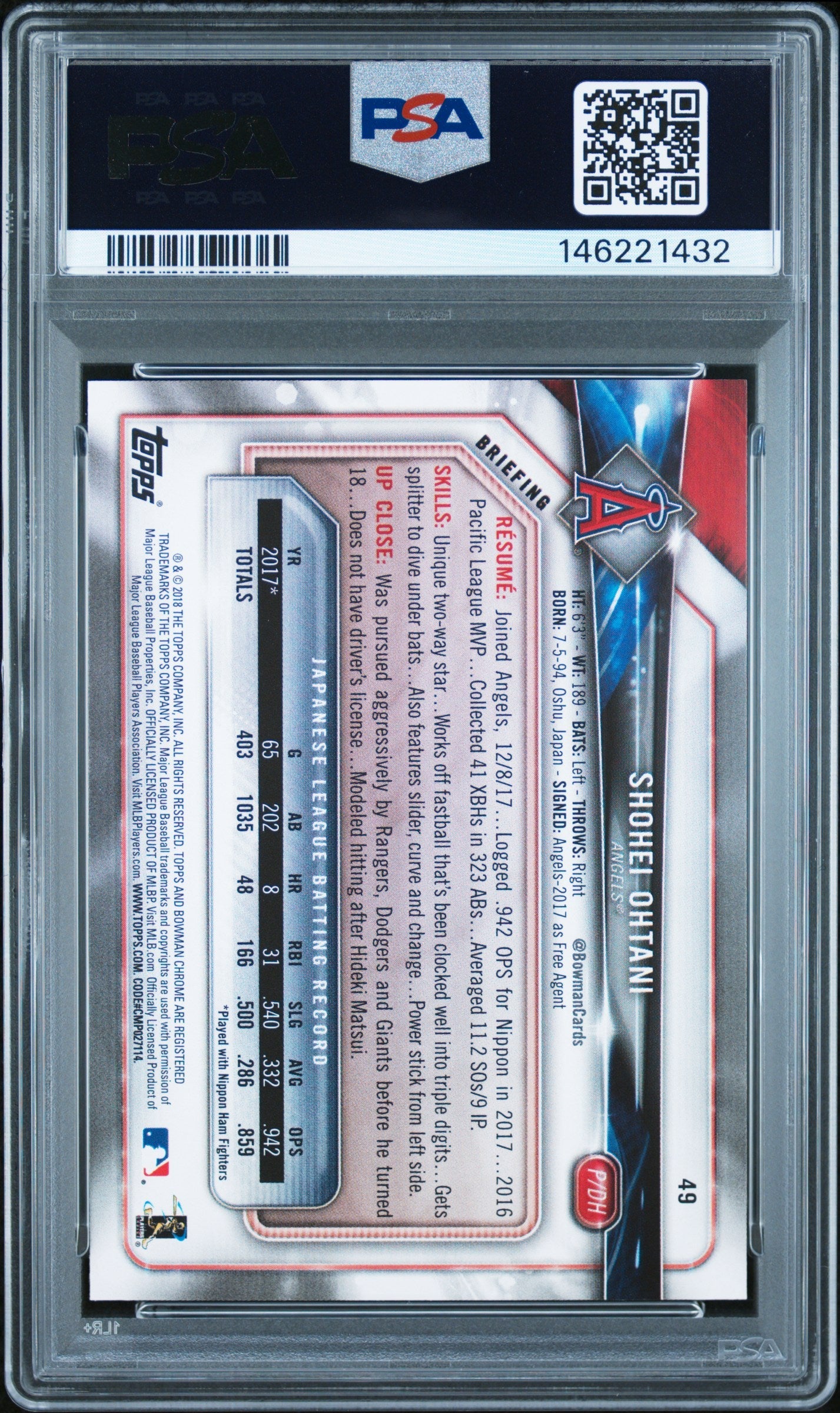 2018 Bowman #49 Shohei Ohtani Rookie RC PSA 9